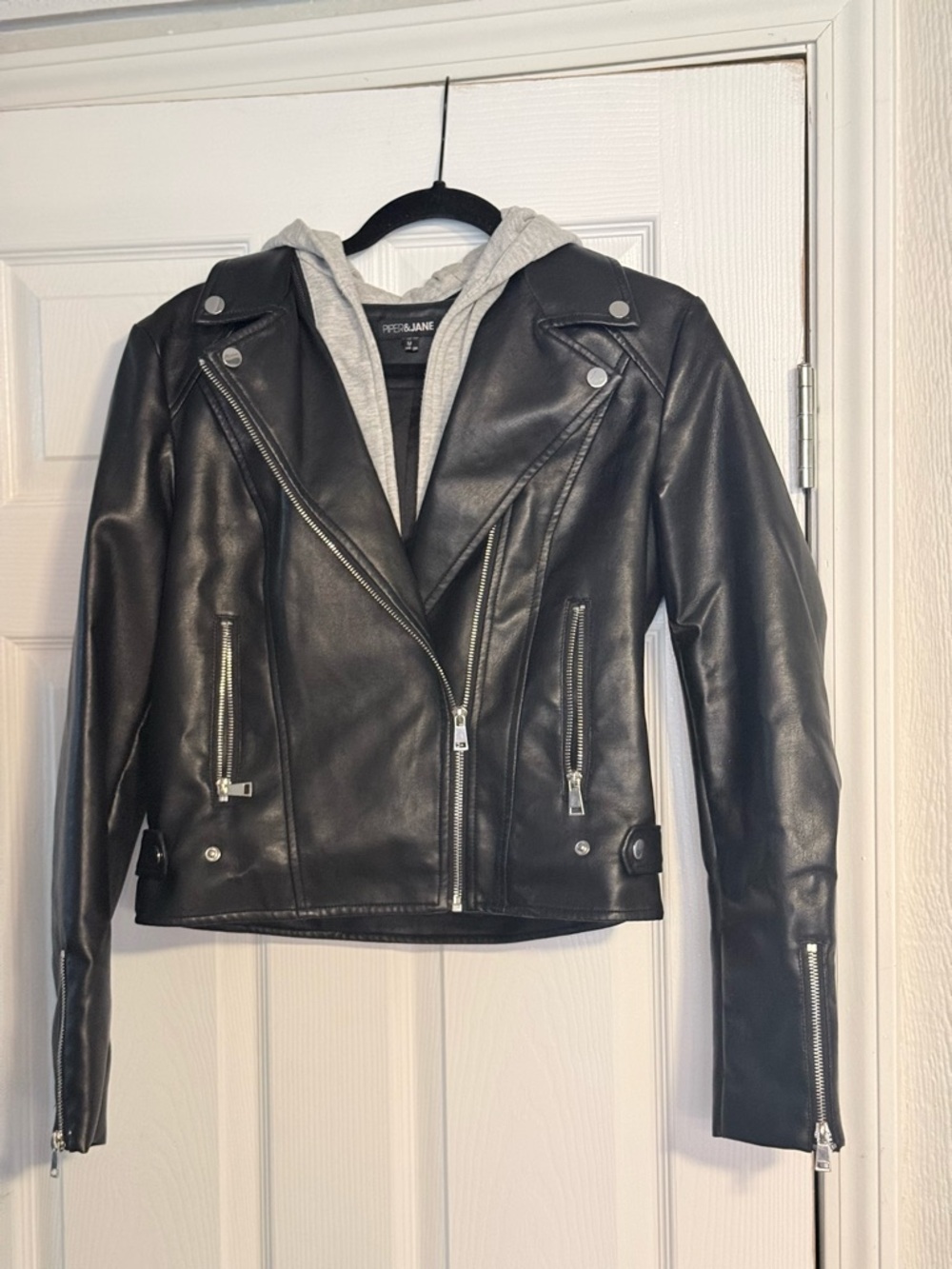 Black Faux Leather Moto Jacket with Attached Gray Hood